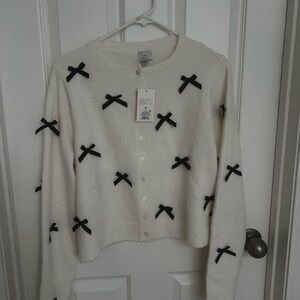 a new day White Cardigan with Black Bow Details
